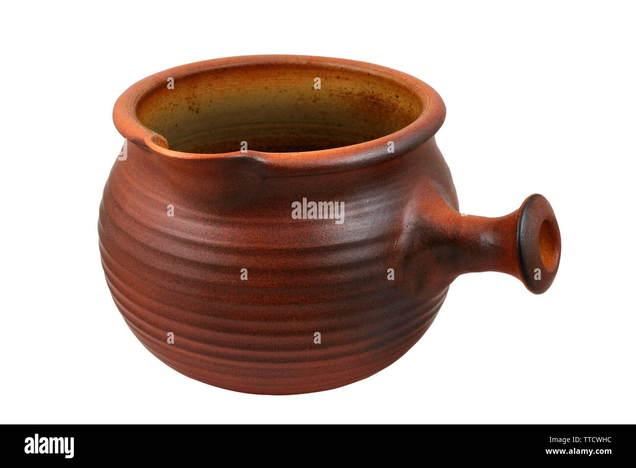 traditional brown ceramic jug on white background, including clipping path Stock Photo
