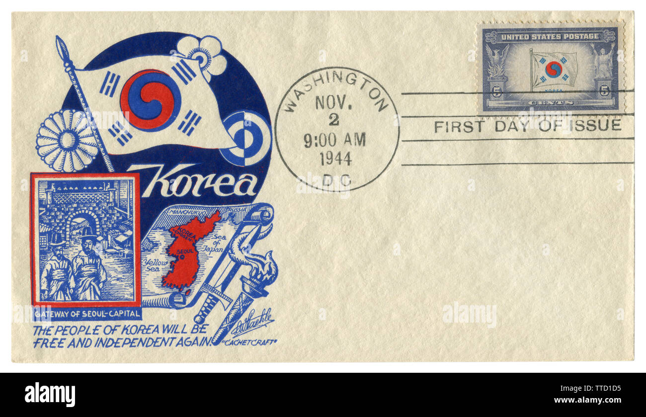 Washington, D.C., The USA - 2 November 1944: US historical envelope: cover with a cachet  The people of Korea will be free and independent again. wwii Stock Photo