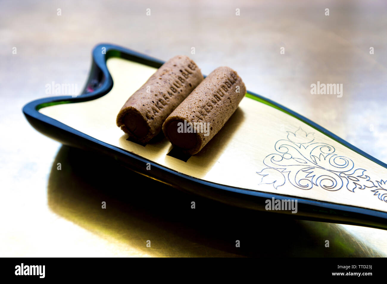 Chocolate Cork by renowned molecular cuisine chef Albert Adria at Cakes & Bubbles at Cafe Royal, London, UK Stock Photo