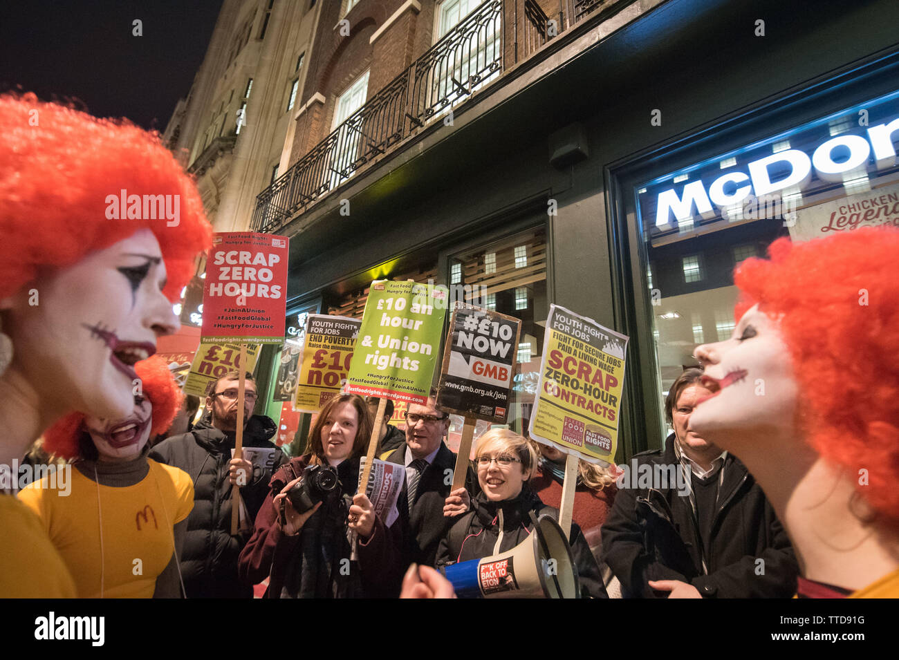 McDonald's Whitehall, London, UK. 13th January, 2016. London, UK. Activist group Fast Food Rights stage a protest outside McDonald's Whitehall branch Stock Photo
