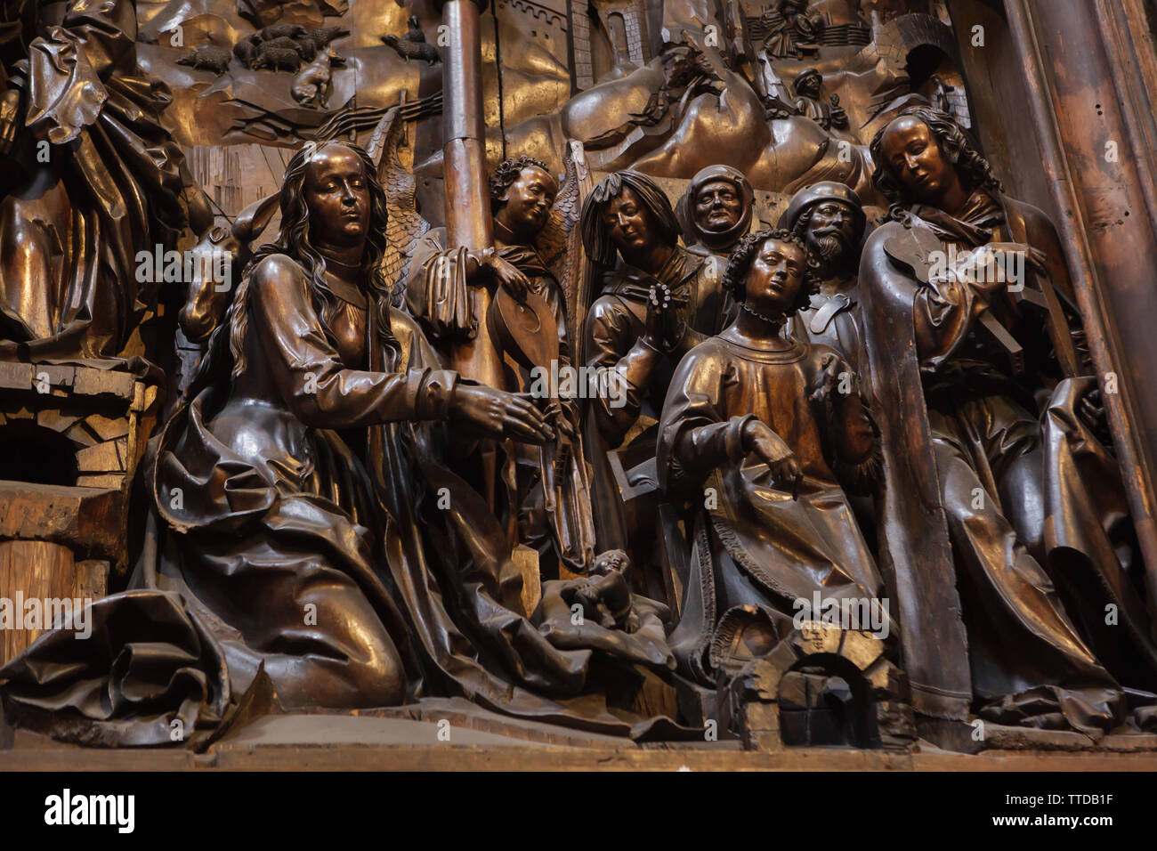 Nativity of Jesus depicted in the basswood carved relief by German sculptor Veit Stoss (Veit Stoß) on the Nativity Altar (Veit-Stoß-Altar) in the Bamberg Cathedral (Bamberger Dom) in Bamberg, Upper Franconia, Germany. Stock Photo