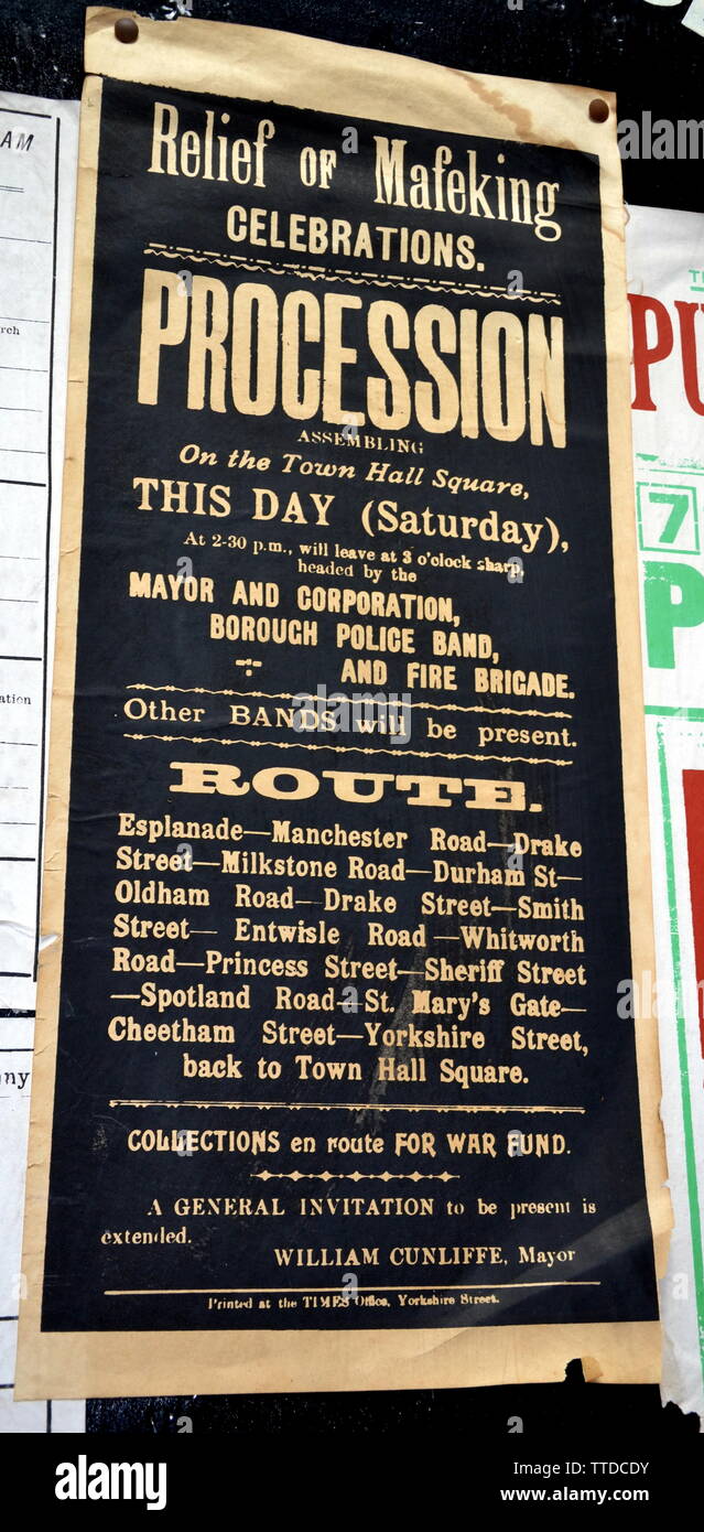 Poster advertising a procession to celebrate the relief of Mafeking. The Greater Manchester Fire Service Museum, in Rochdale, uk, is planning to start  construction work at its new location, the adjacent former Maclure Road fire station, later this year .The building will be fully restored to its 1930s condition by late 2020. The move to larger premises means that full-sized fire engines can be displayed, alongside many fascinating historic items of firefighting equipment. Stock Photo