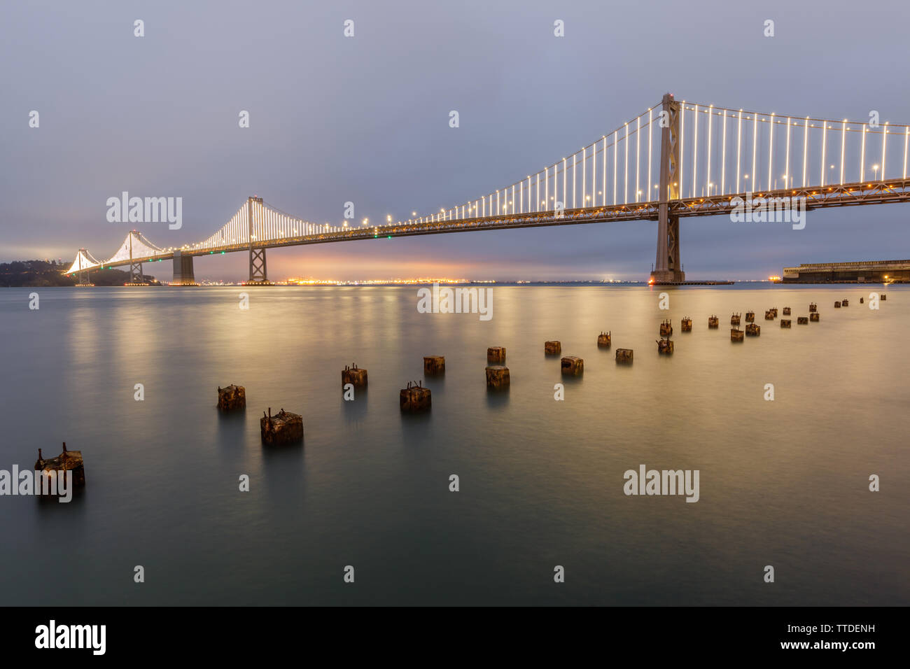Panoramic view of the Bay Bridge from the Port of San Francisco. Stock Photo