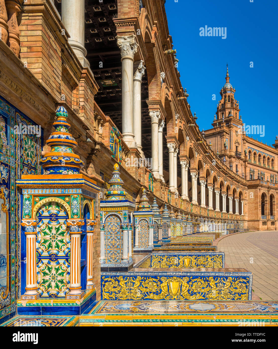 Tiles and decorations in the beautiful Plaza de Espana in Seville. Andalusia, Spain. Stock Photo