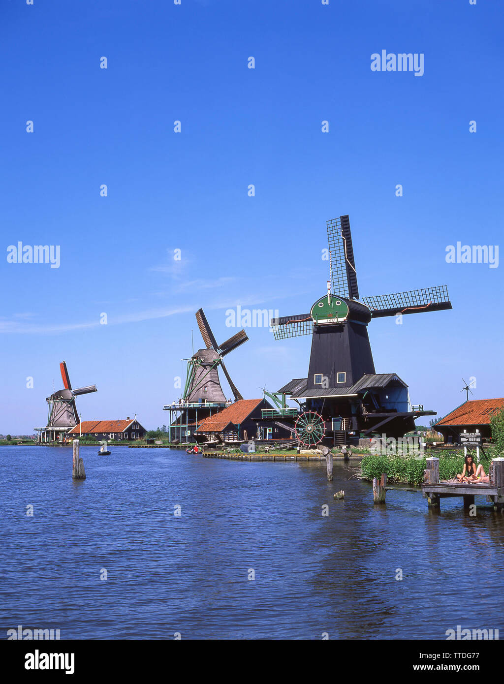 Windmills at Zaanse Schans, Zaandam, Noord-Holland, Kingdom of the Netherlands Stock Photo
