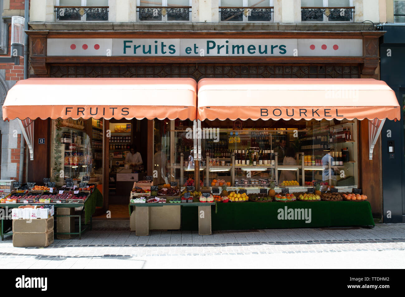 A fruit and wine shop in Luxembourg City. Stock Photo