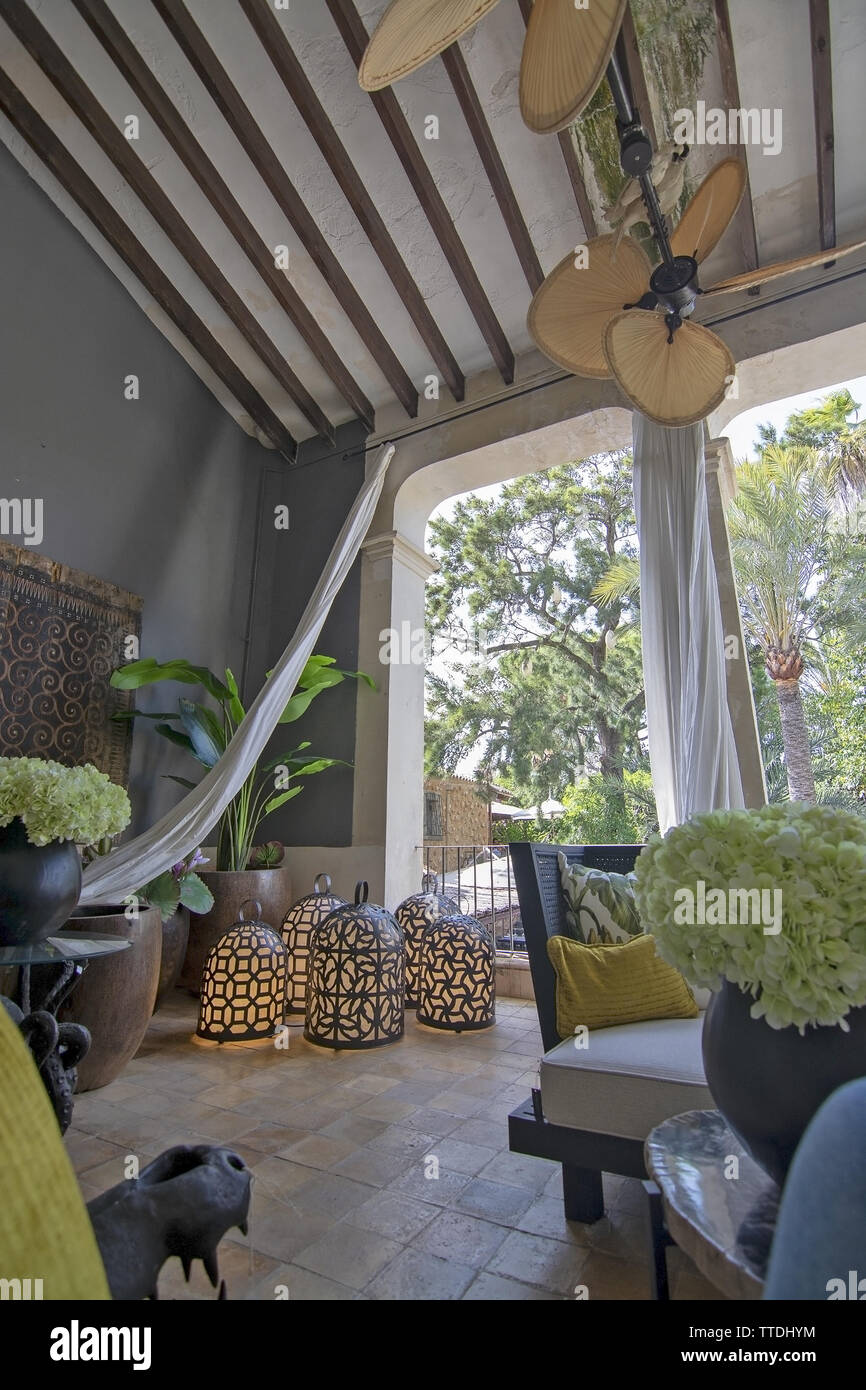 SANTA MARIA DEL CAMI, MALLORCA, SPAIN - JUNE 13, 2019: Interior and terraces at interior design store LivingDreams on June 13, 2019 in Santa Maria del Stock Photo