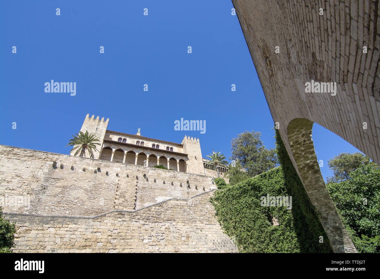 Almudaina palace view with vault in Palma de Mallorca, Spain. Stock Photo