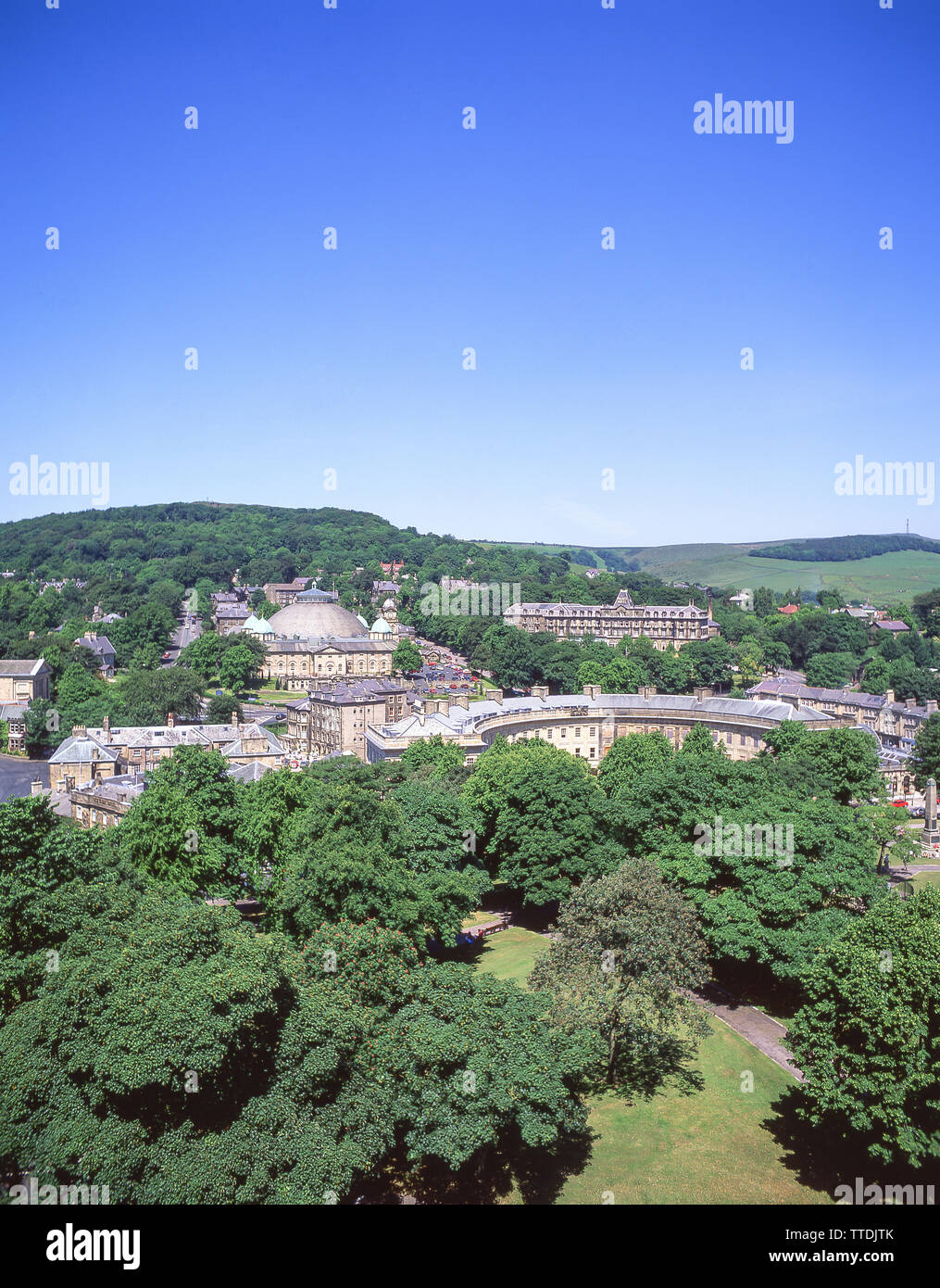 Aerial view of town showing Devonshire Dome and Buxton Crescent, Buxton, Derbyshire, England, United Kingdom Stock Photo