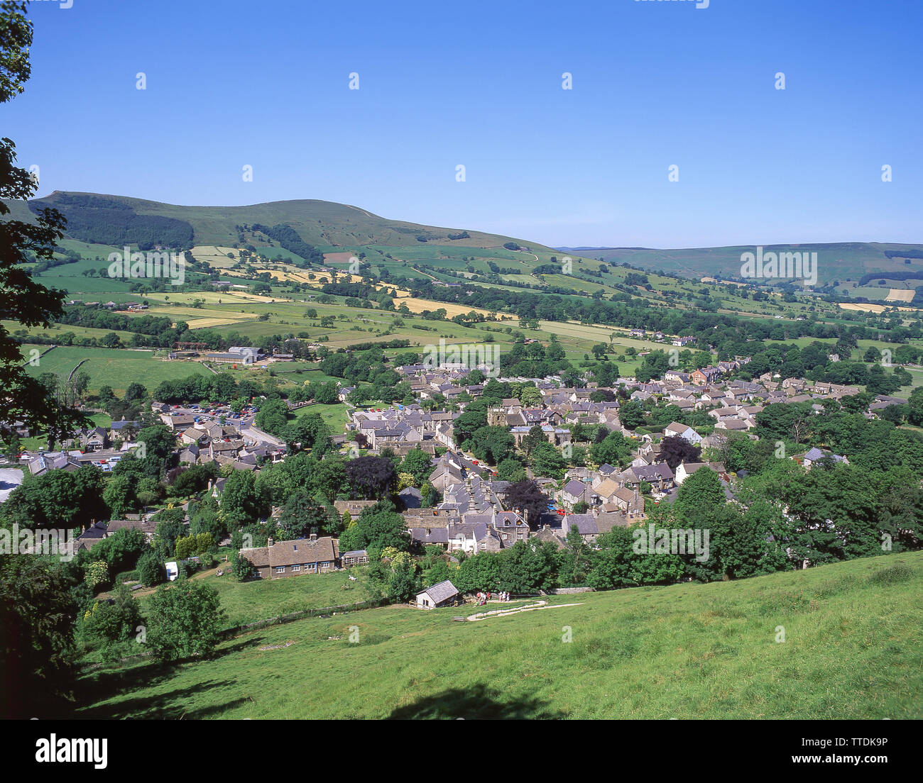 Castleton village from Peveral Castle, Peak District of Derbyshire, Derbyshire, England, United Kingdom Stock Photo