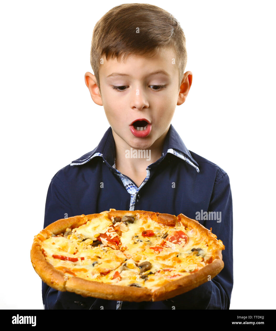 Little boy holding pizza isolated on white Stock Photo - Alamy