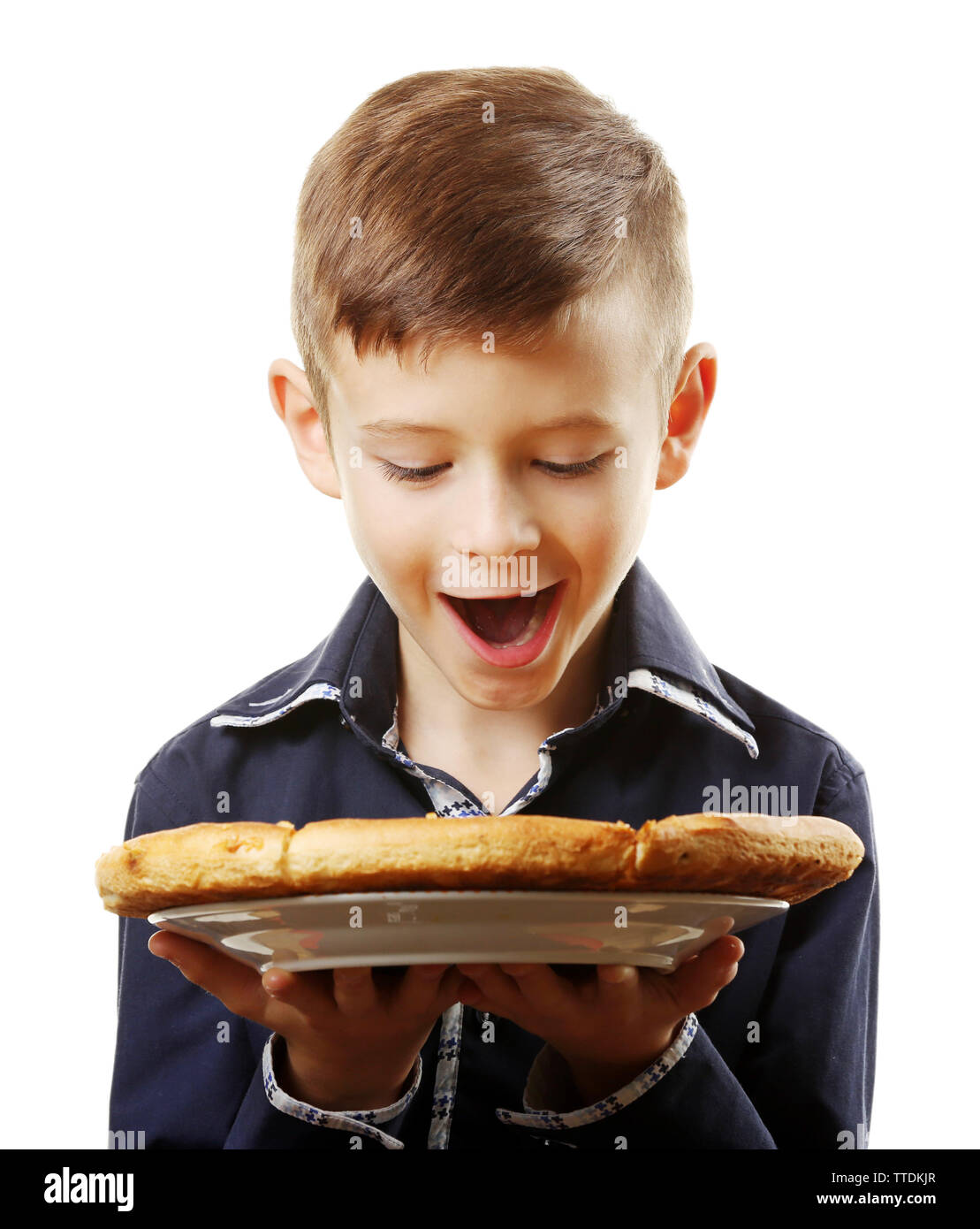 Little boy holding pizza isolated on white Stock Photo - Alamy