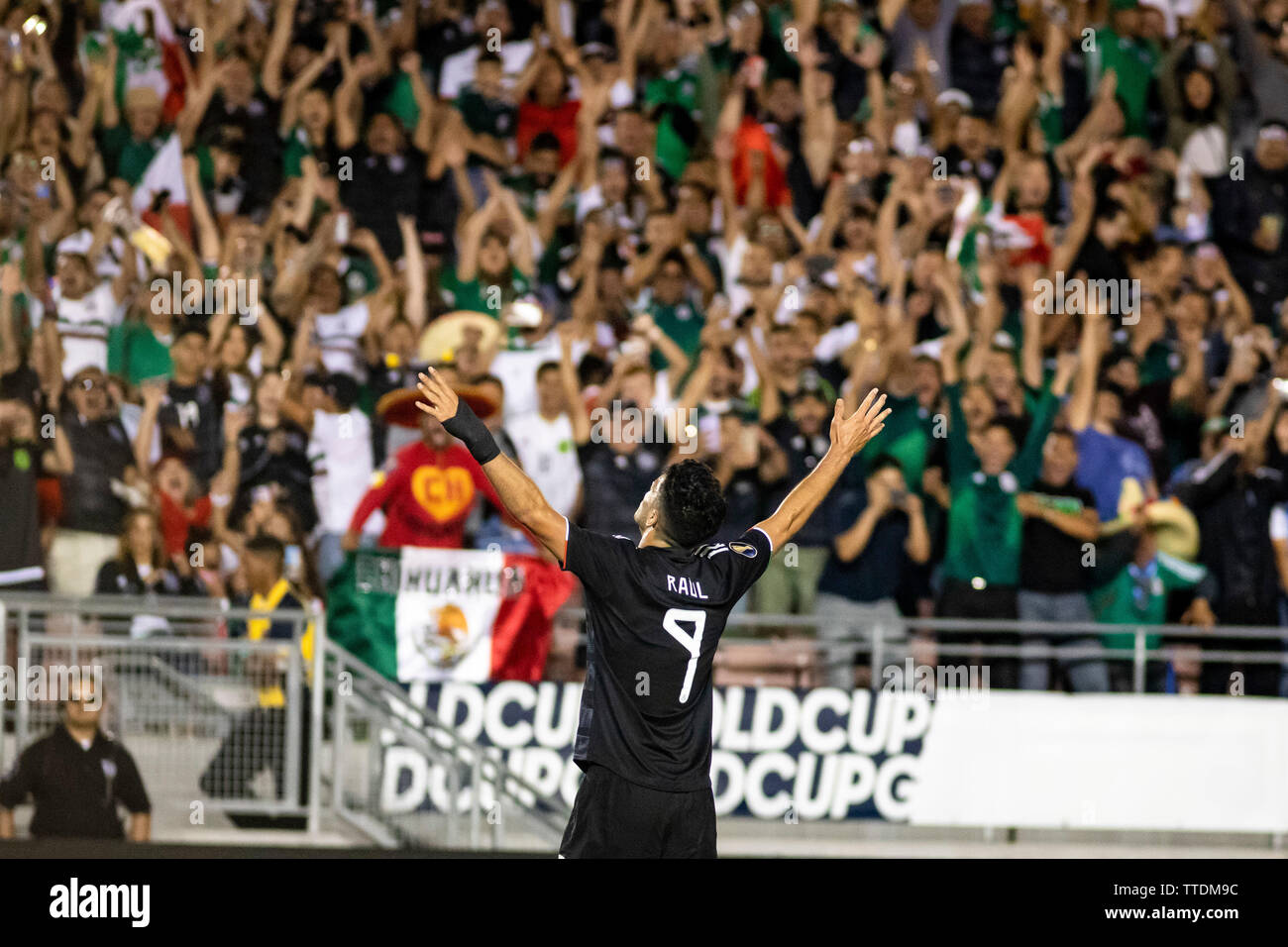 Raúl Jiménez (9) celebrates after scoring his brace and Mexico's fifth of the night against Cuba in their opening match of the 2019 Gold Cup. Stock Photo