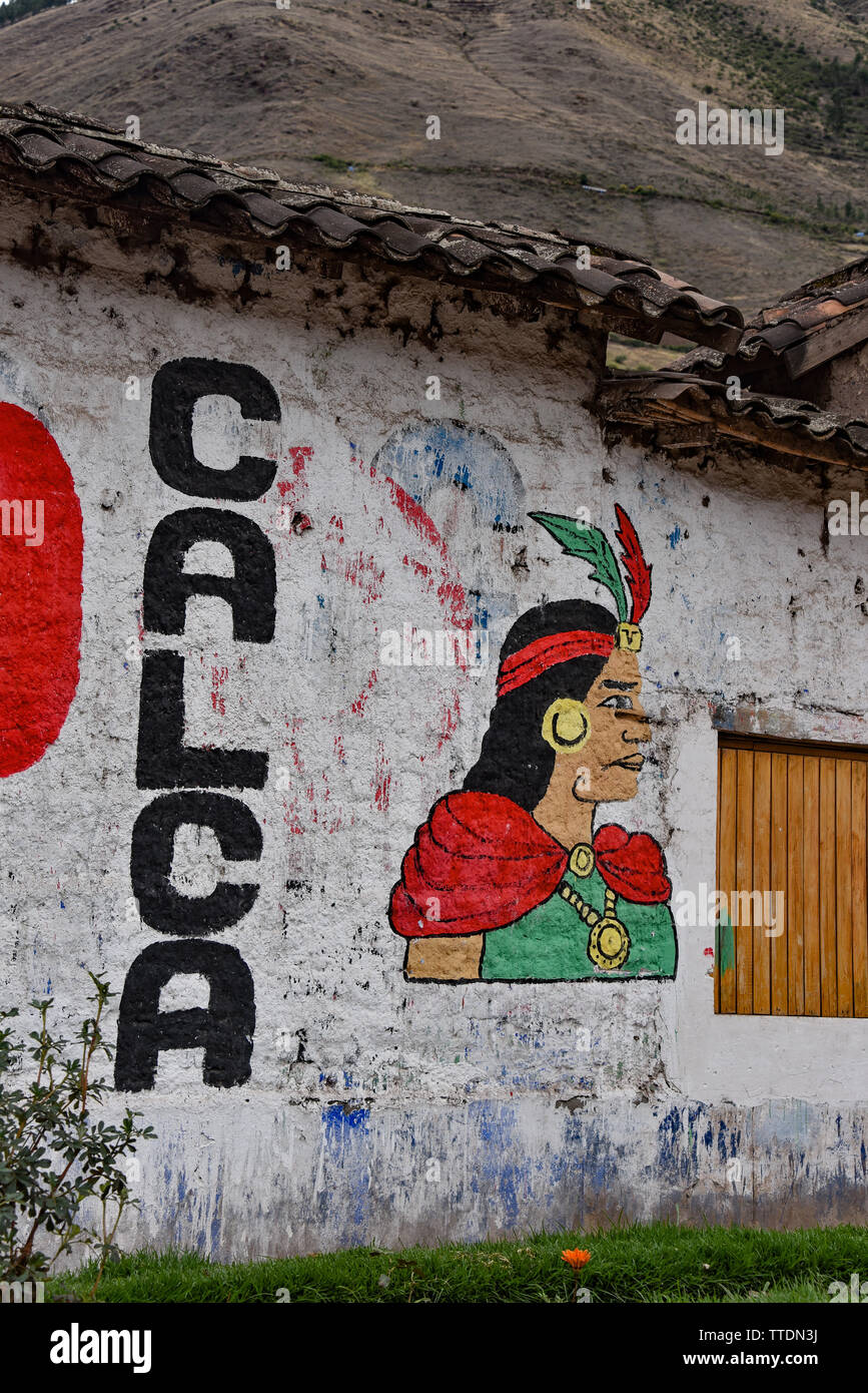 Calca, Cusco, Peru - Oct 18, 2018: Political party symbols painted on walls ahead of local elections Stock Photo