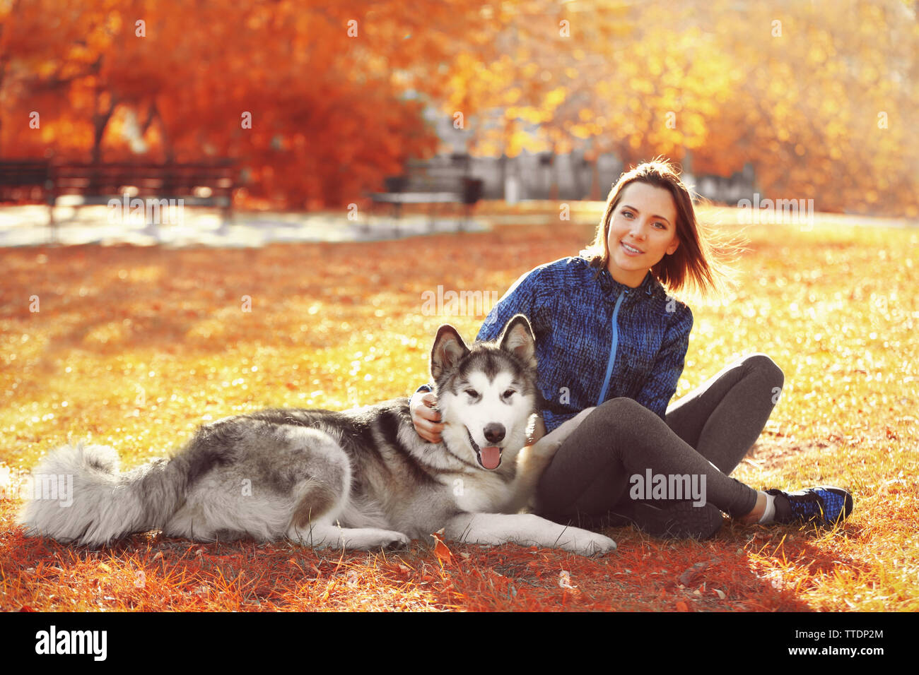 Happy young woman sitting with her dog on grass in park Stock Photo - Alamy