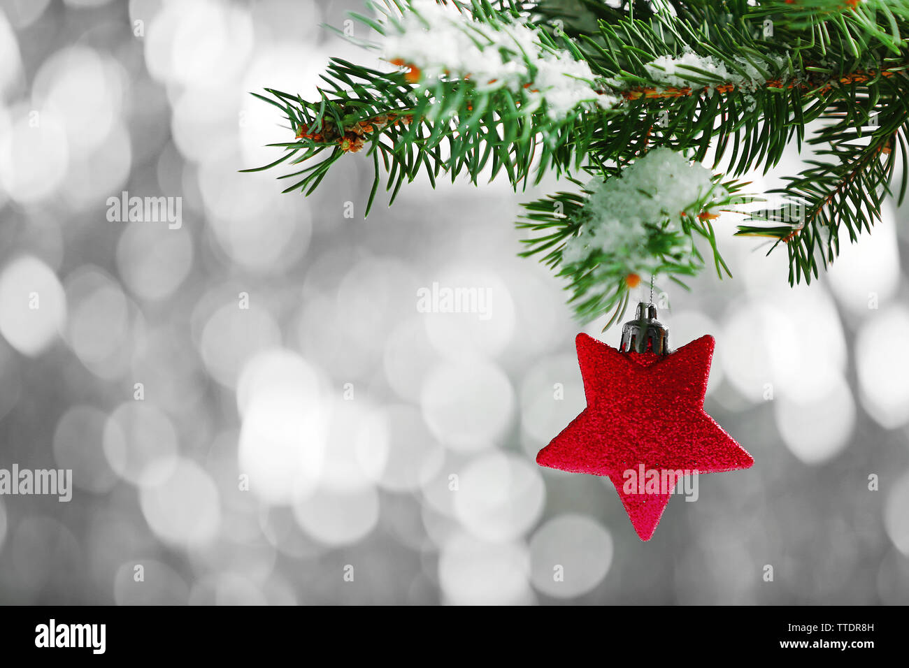 Christmas toy on a fir branch and glitter background Stock Photo - Alamy