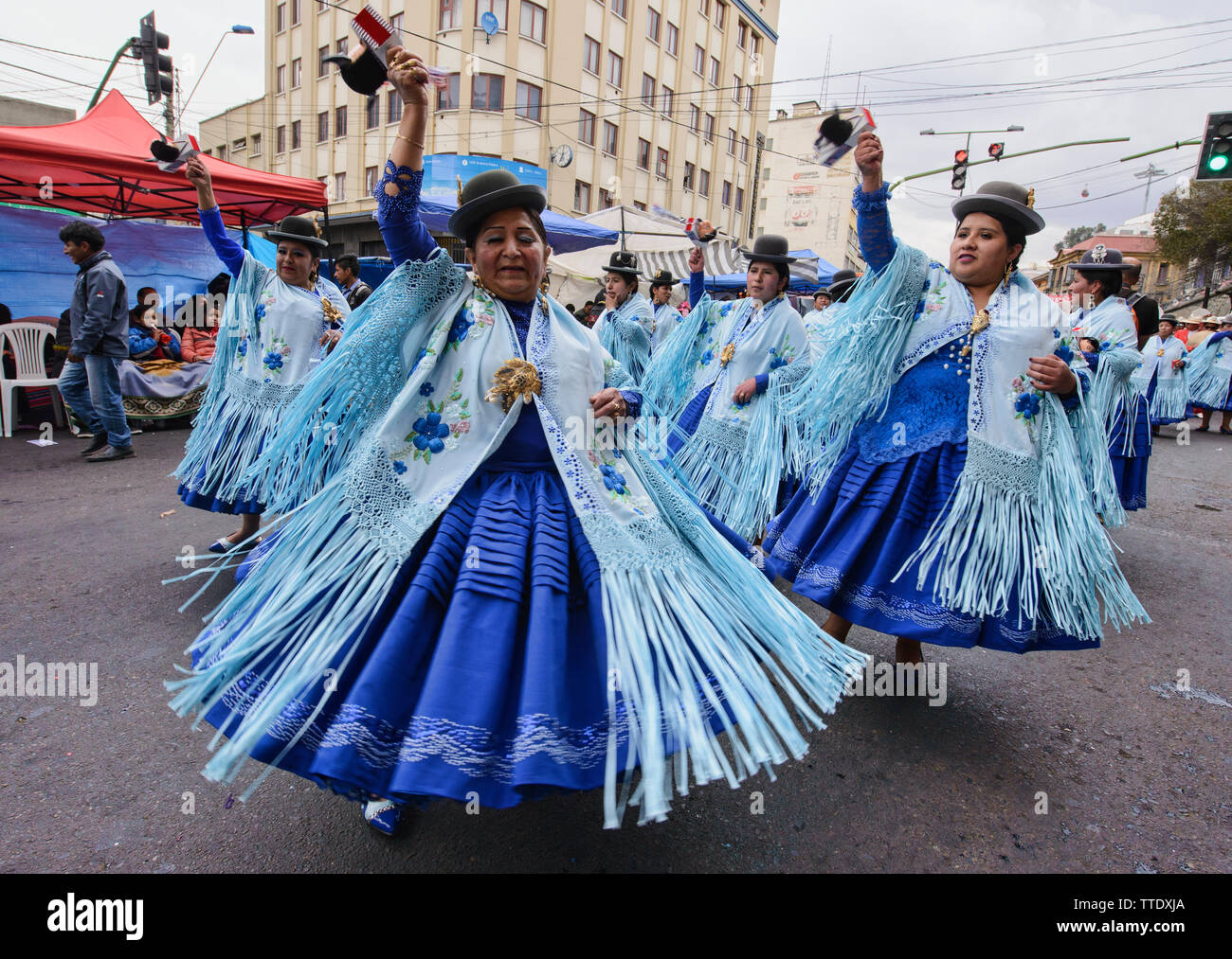 Cholitas dancing at the Gran Poder Festival, La Paz, Bolivia Stock Photo