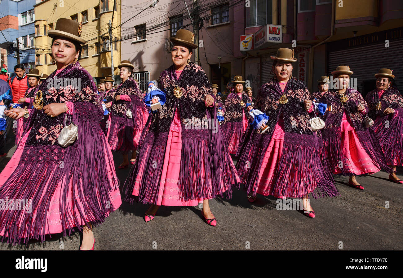 Cholitas dancing at the Gran Poder Festival, La Paz, Bolivia Stock Photo