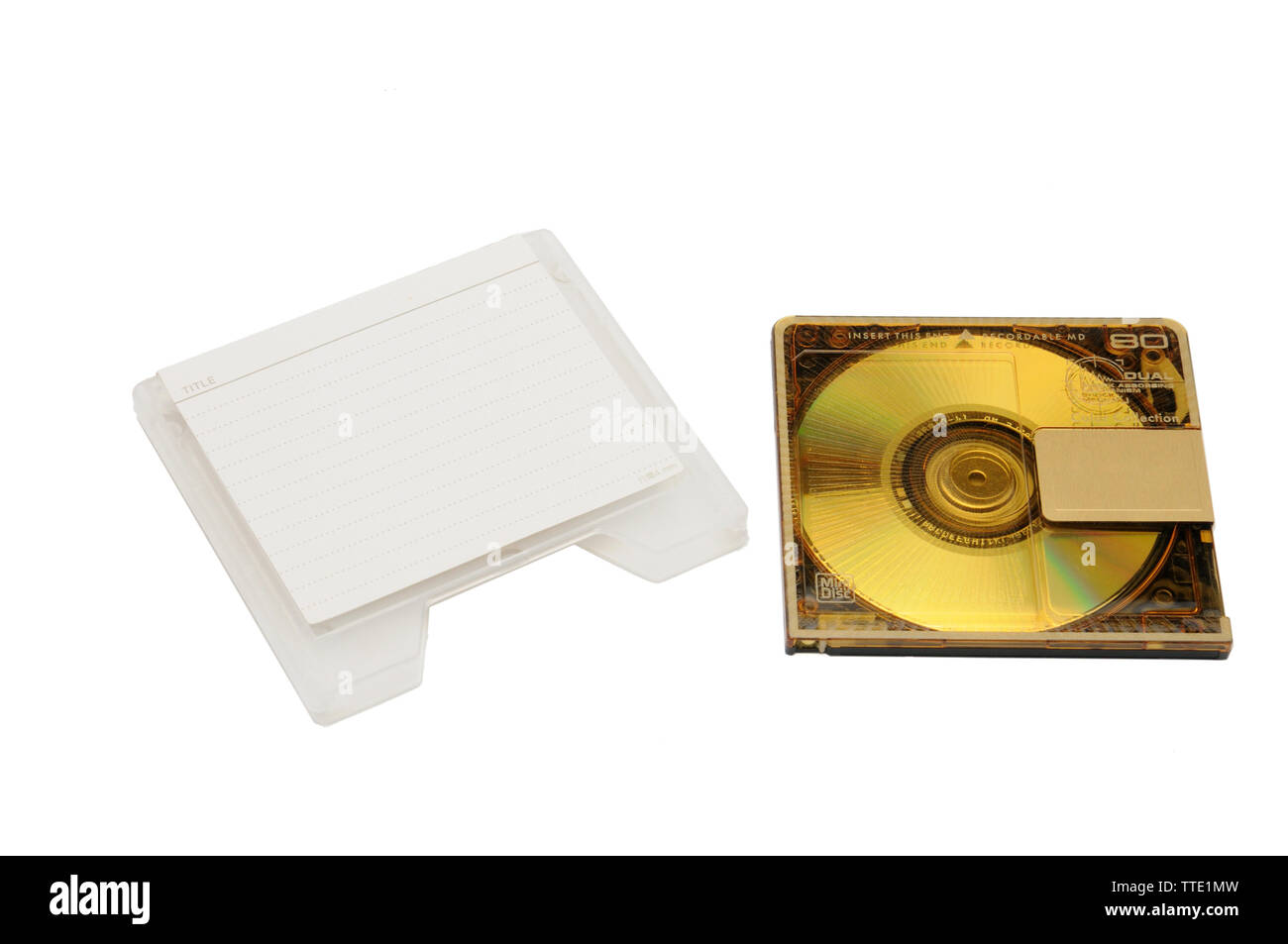 Compact rewritable Mini Disc MD for digital recording released in the 90s on an isolated white
