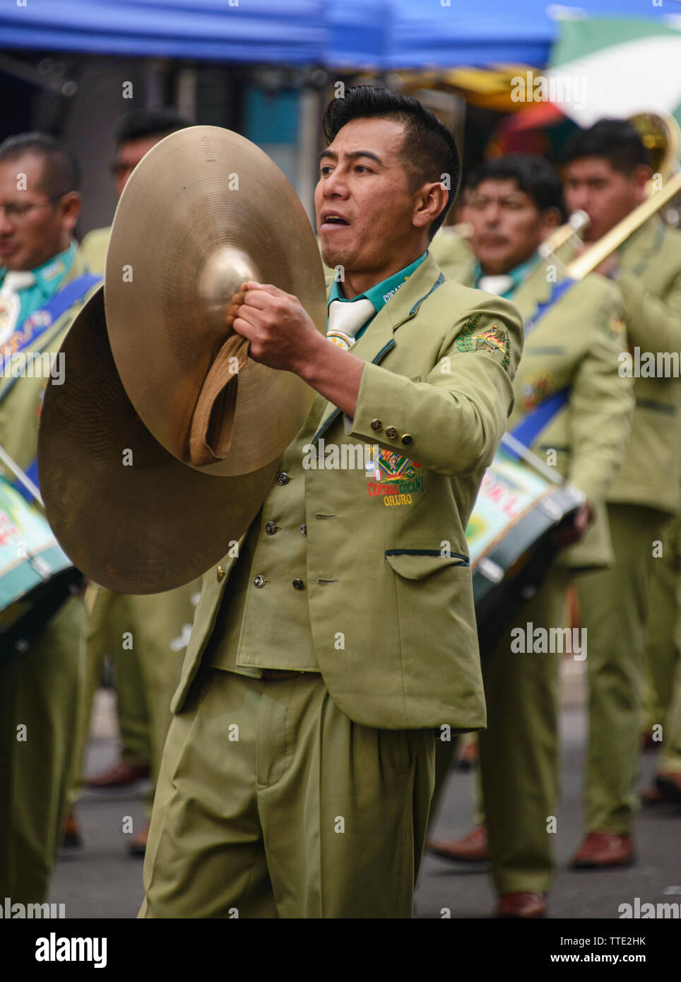 Marching band member at the Gran Poder Festival, La Paz, Bolivia Stock Photo