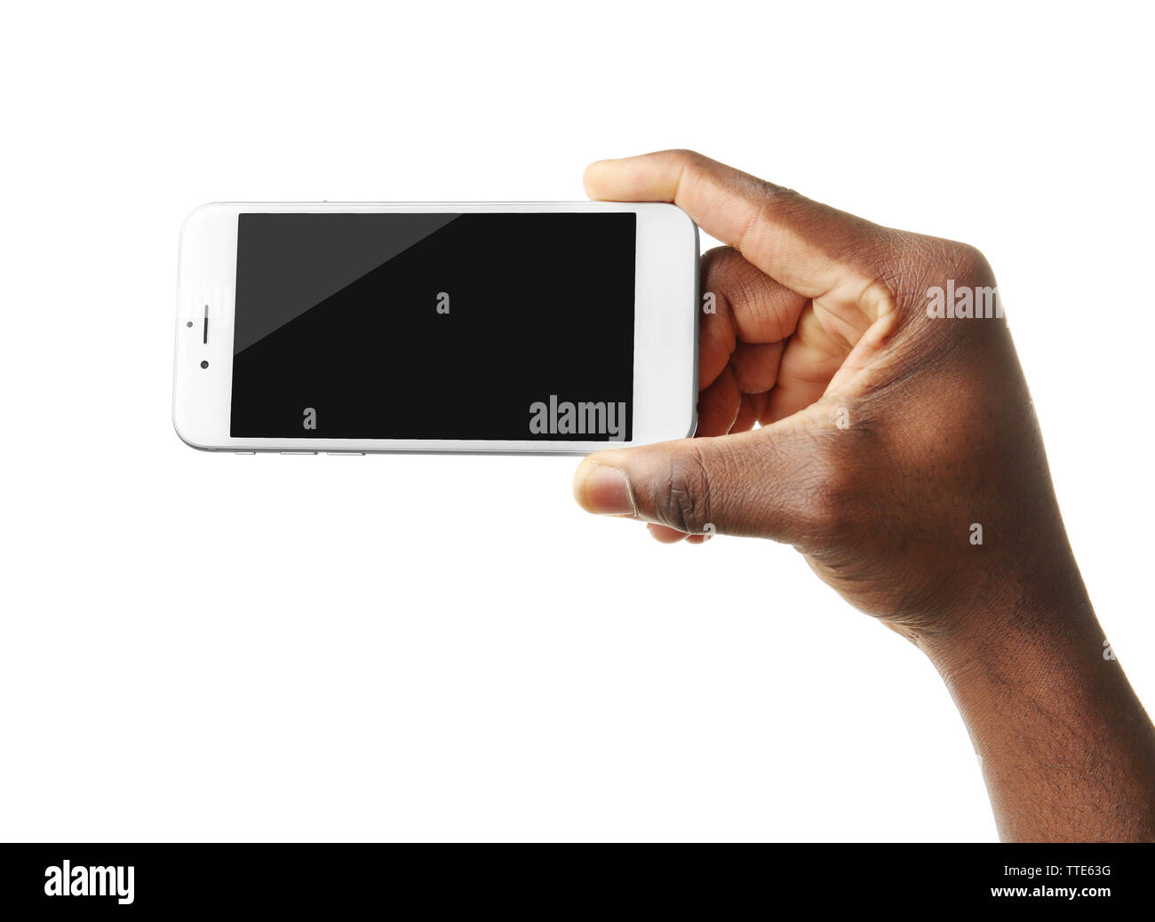 Hand holding mobile smart phone with blank screen, isolated on white ...