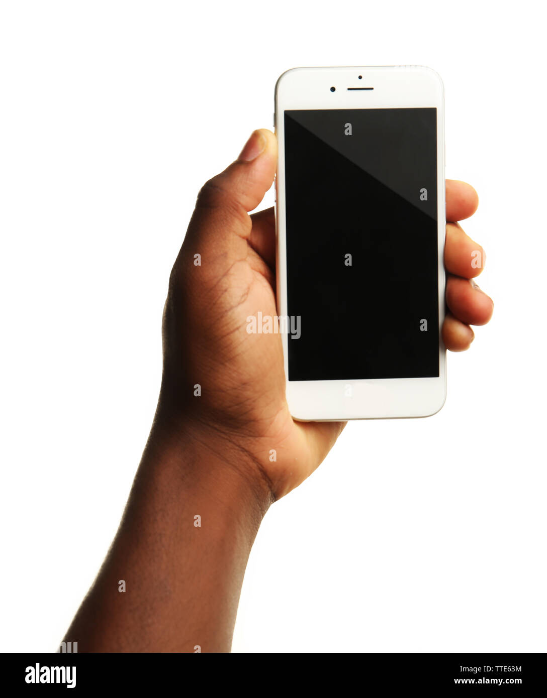 Hand holding mobile smart phone with blank screen, isolated on white ...