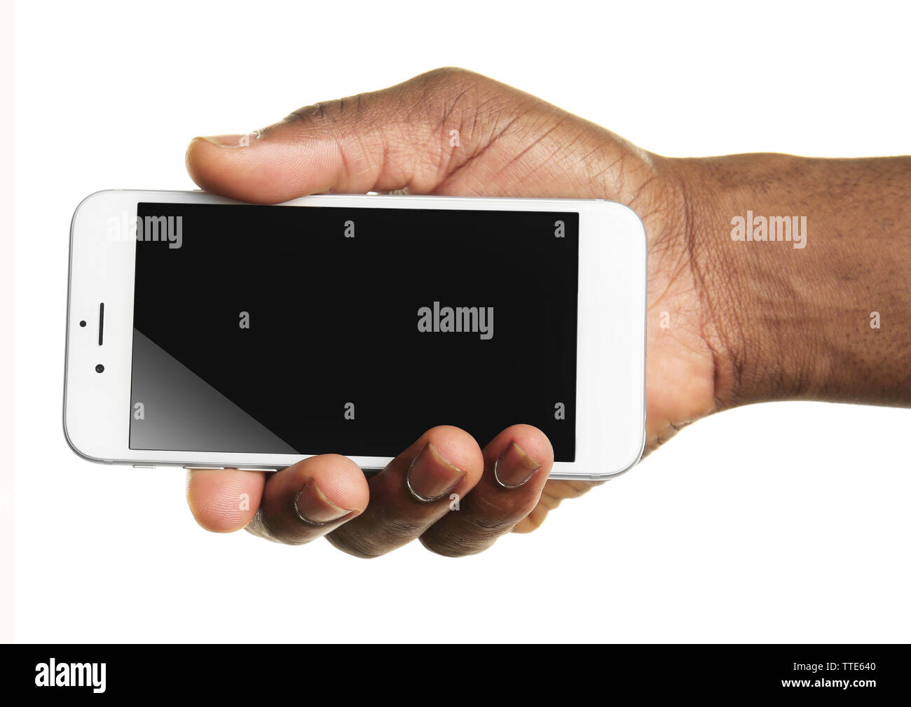 Hand holding mobile smart phone with blank screen, isolated on white ...