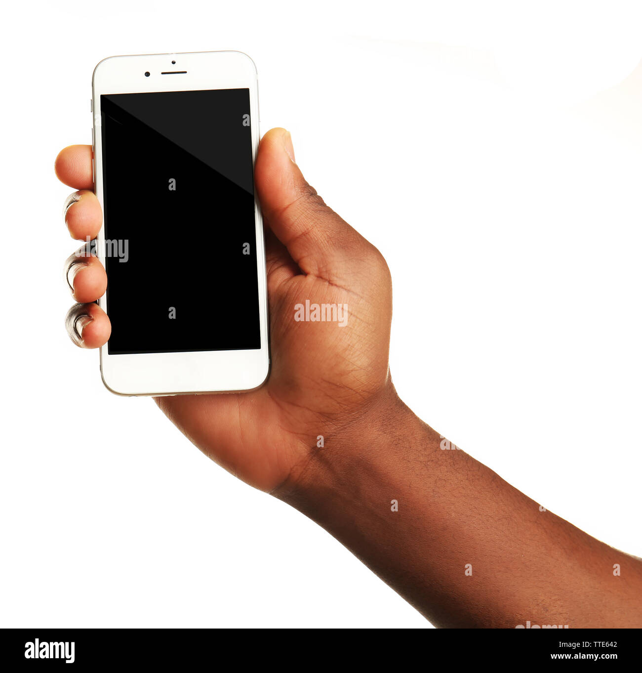 Hand holding mobile smart phone with blank screen, isolated on white ...
