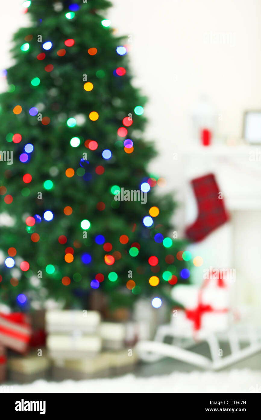 Christmas lights on Christmas tree of abstract background Stock Photo