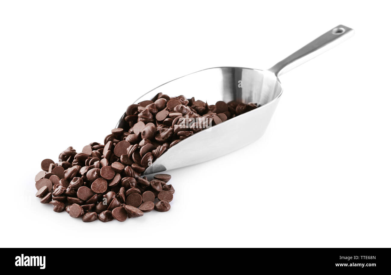 Choco Morrel Chocolate morsels in scoop isolated on white Stock Photo - Alamy