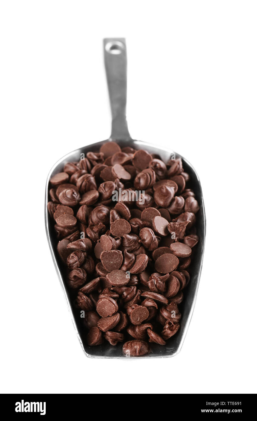 Choco Morrel Chocolate morsels in scoop isolated on white Stock Photo - Alamy