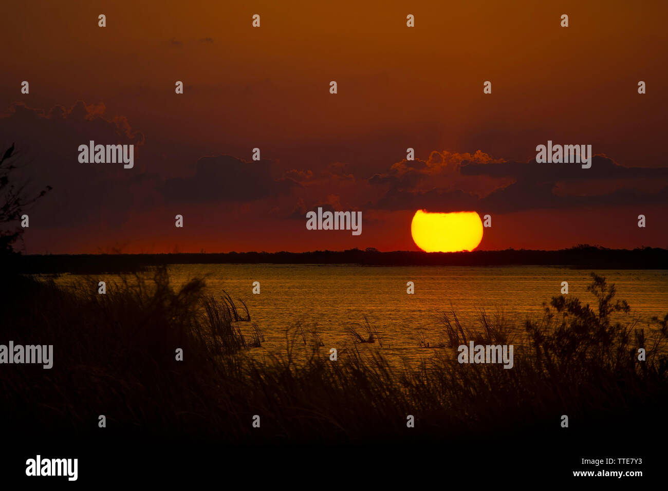 A controlled burn in the Florida Everglades created an amazing sunset with brilliant and vivid colors. Stock Photo