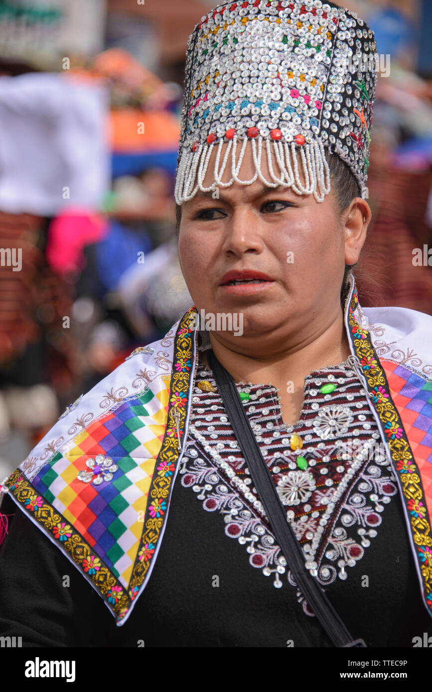 Indigenous dancer at the colorful Gran Poder Festival, La Paz, Bolivia Stock Photo