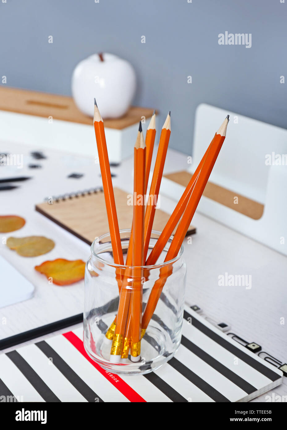 Set Of Pencils In Glass Jar On A Table Stock Photo 256015351 Alamy