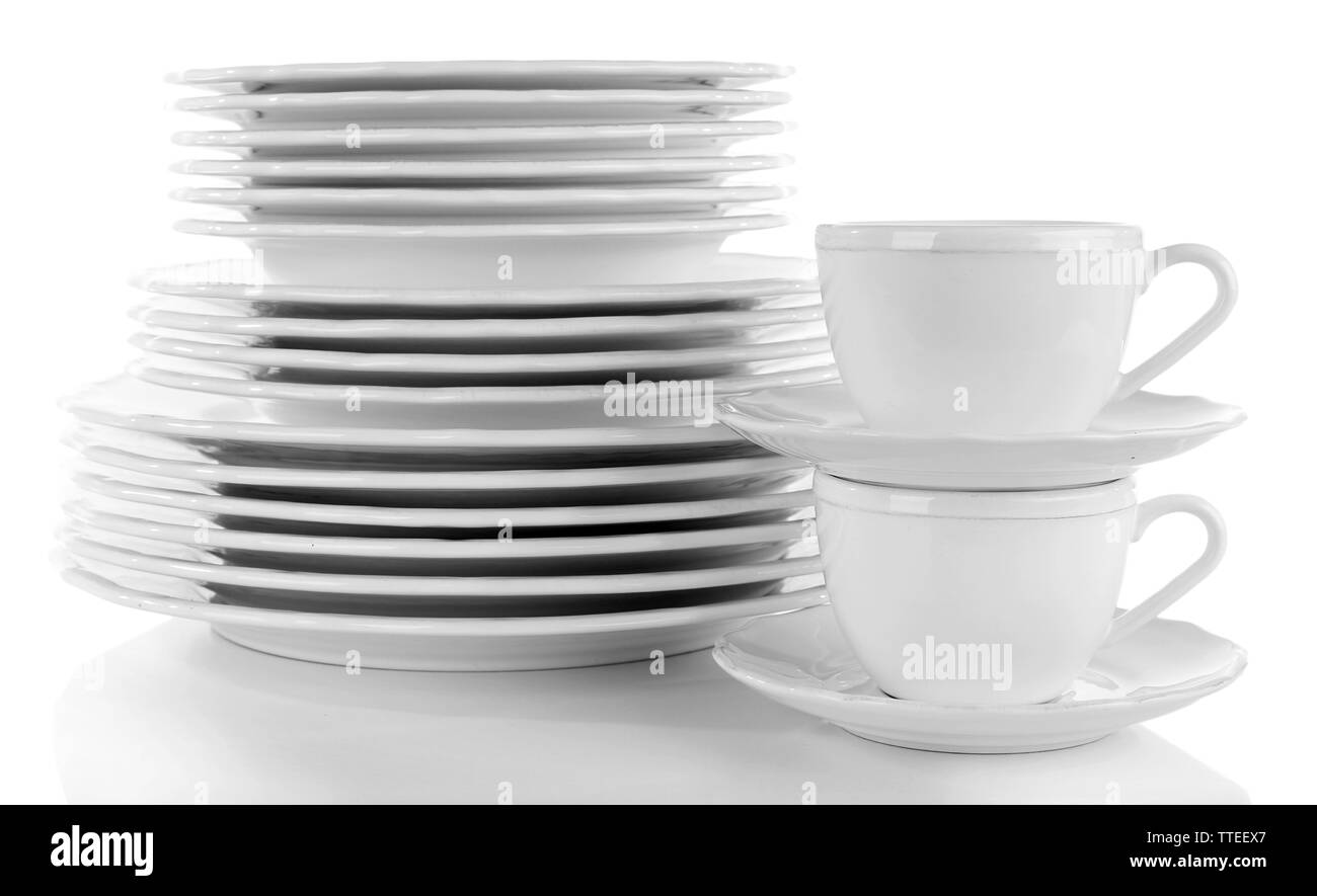 Stack of plates and cups, isolated on white Stock Photo Alamy