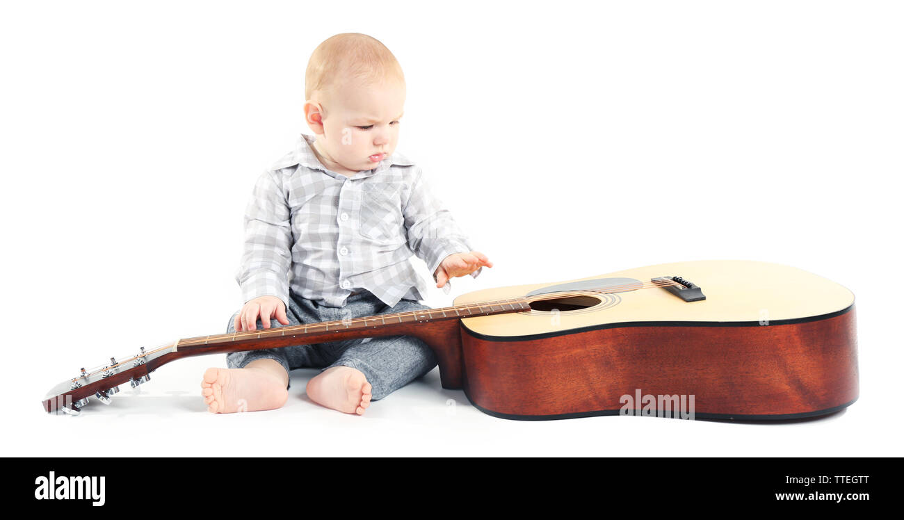 Cute baby with guitar isolated on white background Stock Photo Alamy