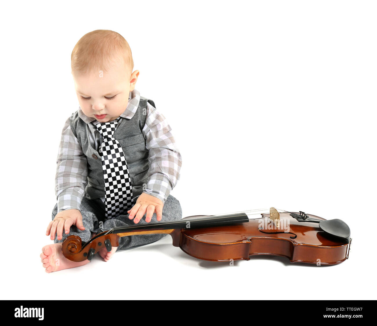 Cute baby with violin isolated on white background Stock Photo - Alamy