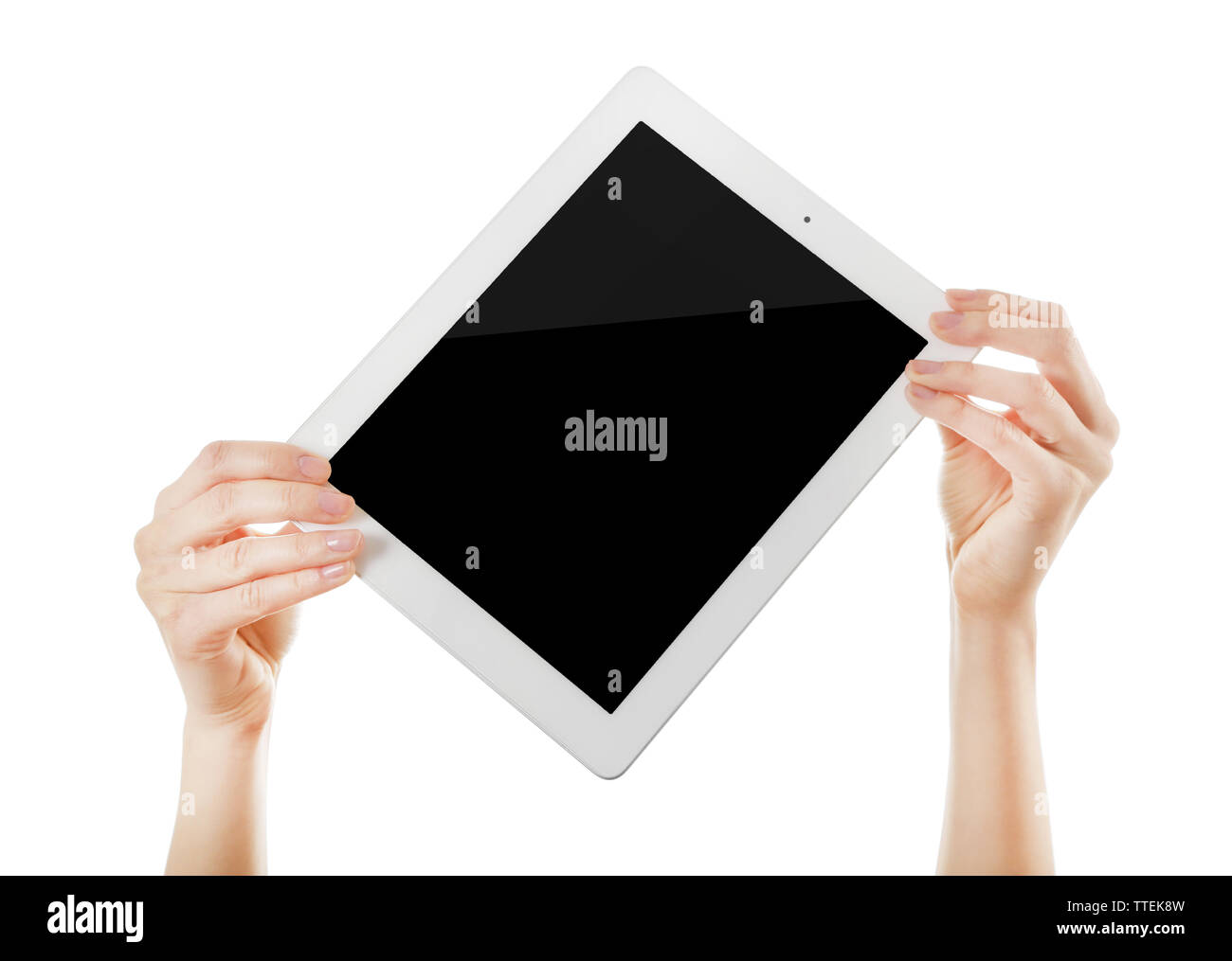 White tablet in hands isolated on white background Stock Photo - Alamy