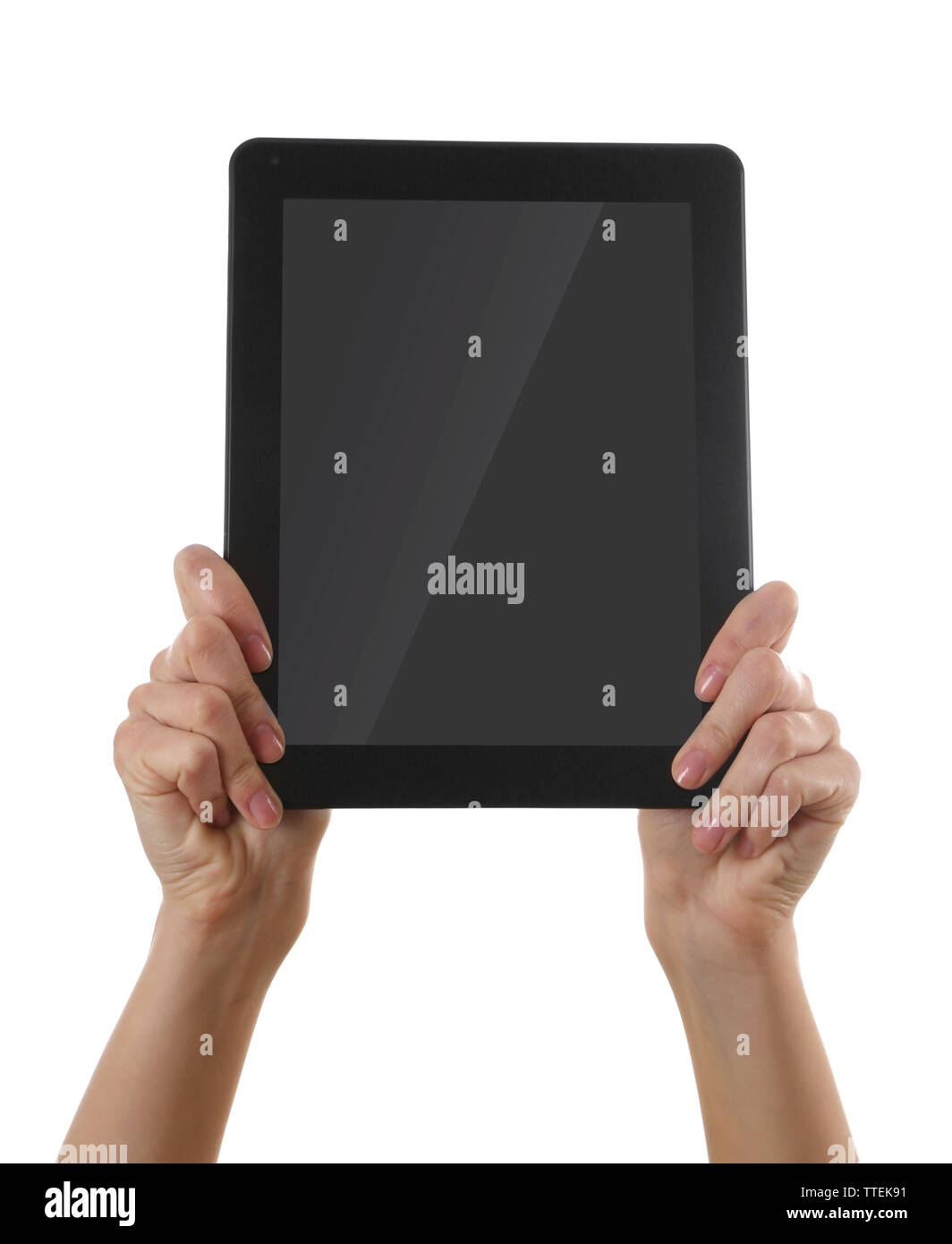 Black tablet in hands isolated on white background Stock Photo - Alamy