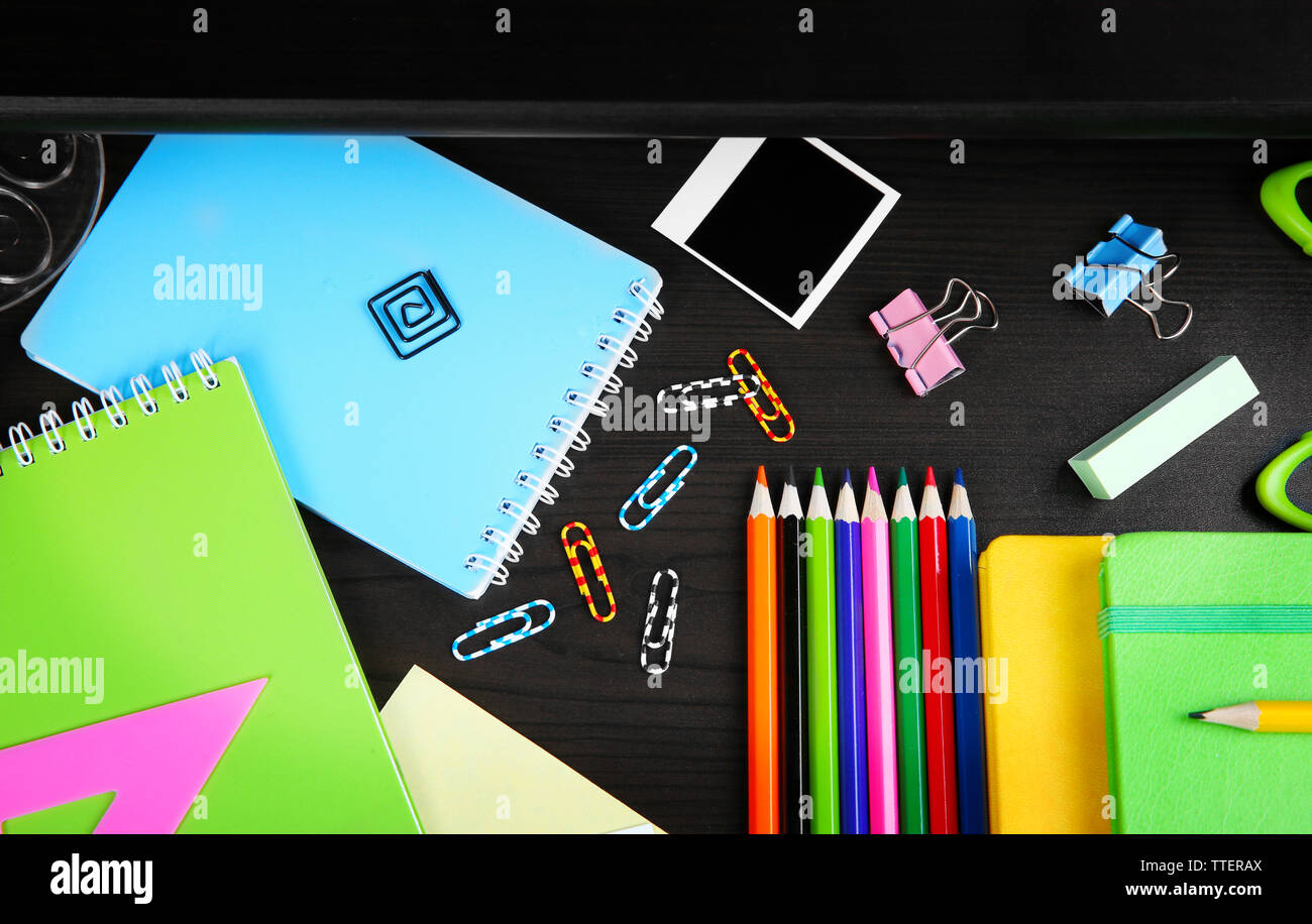 Open Files Stationery Stationery in open desk drawer, top view Stock Photo - Alamy