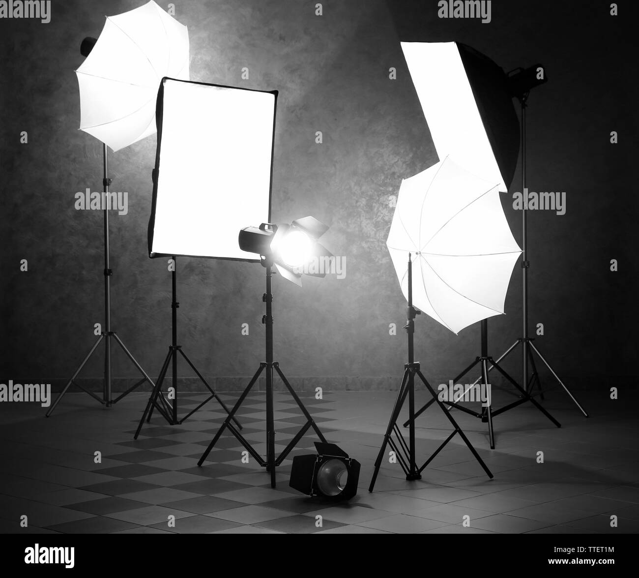Empty photo studio with lighting equipment Stock Photo - Alamy