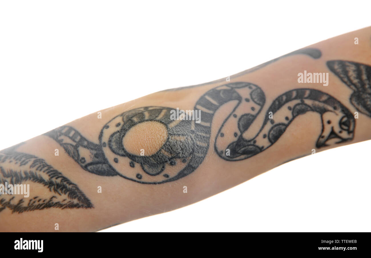 Snake tattoo on female arm on white background Stock Photo