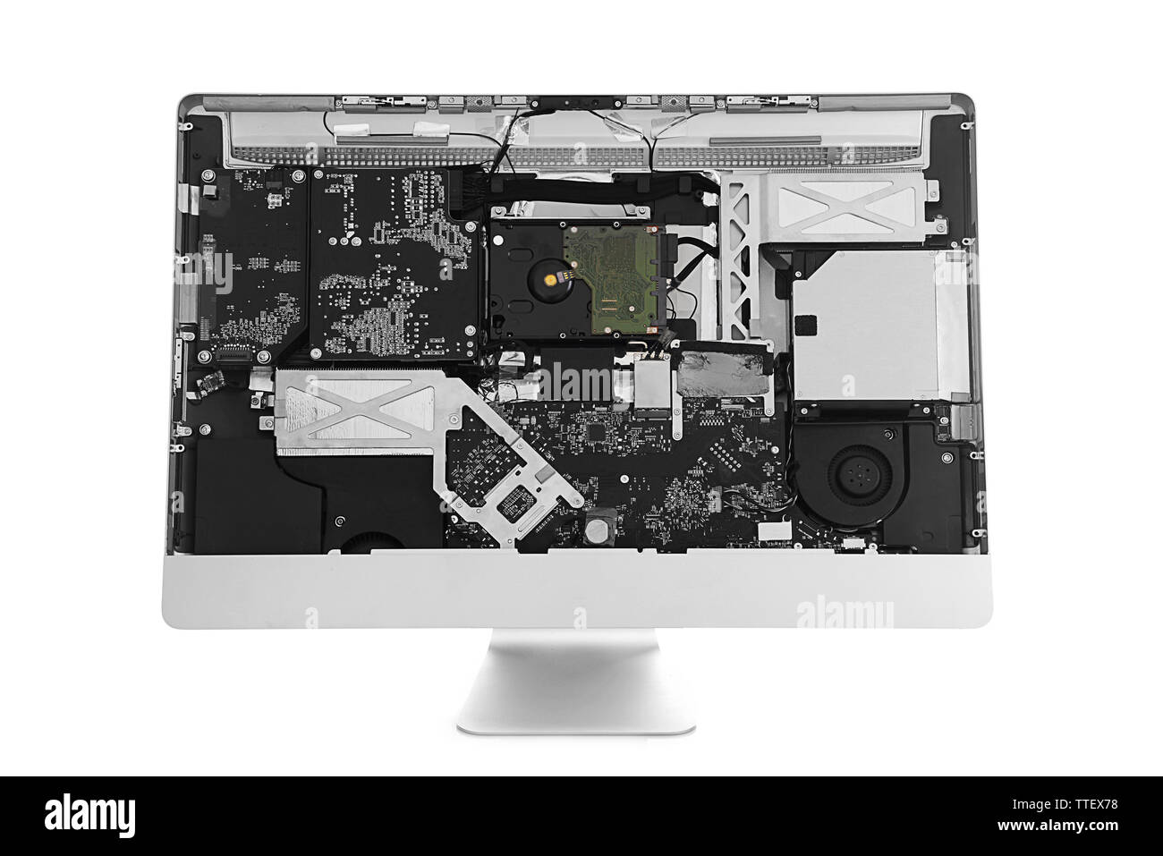 Disassembled computer monitor with internal components, isolated on