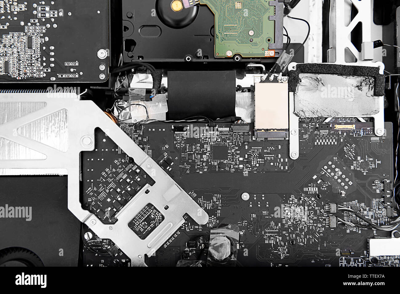 Disassembled computer monitor with internal components, close up Stock
