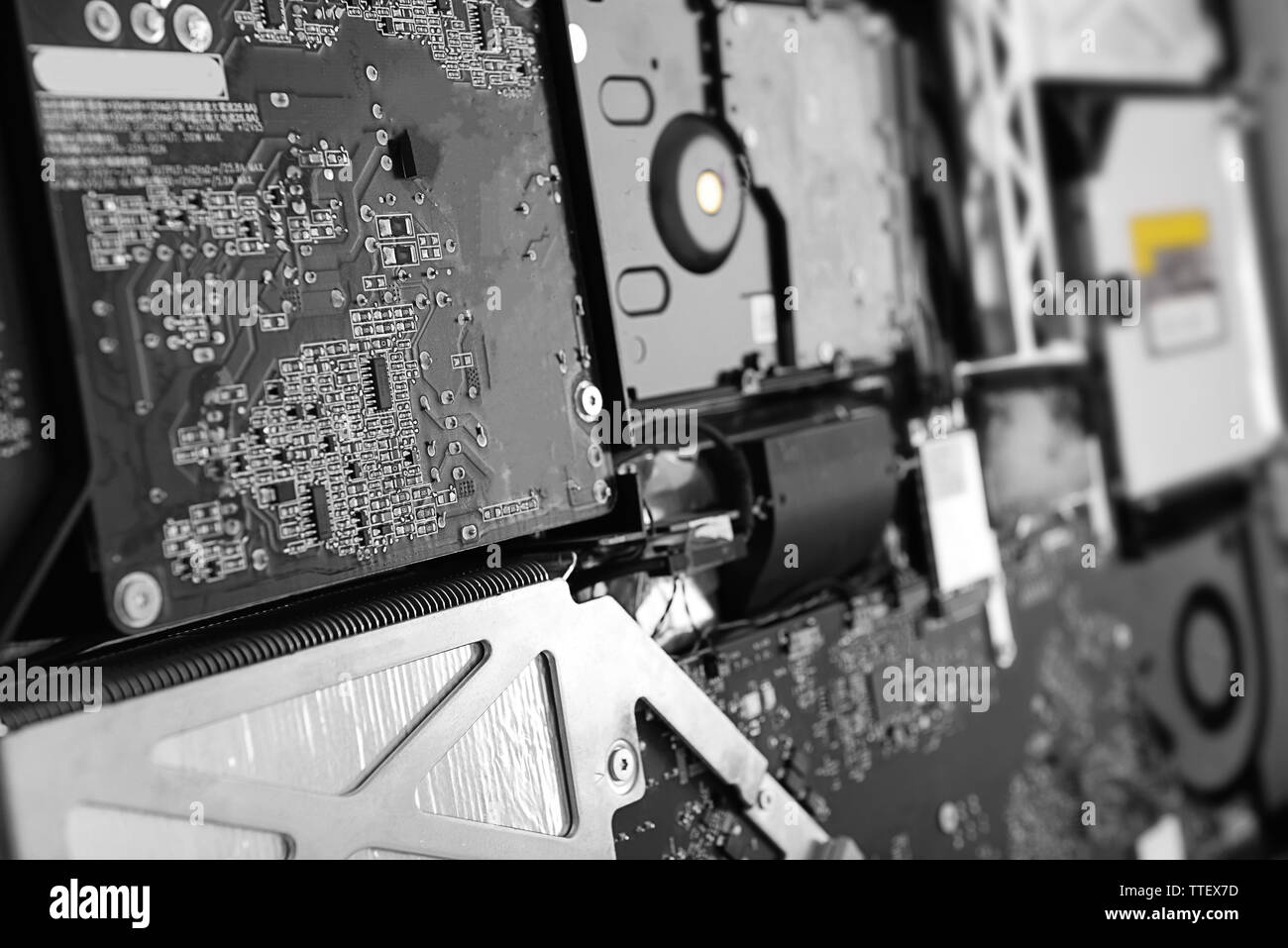 Disassembled computer monitor with internal components, close up Stock