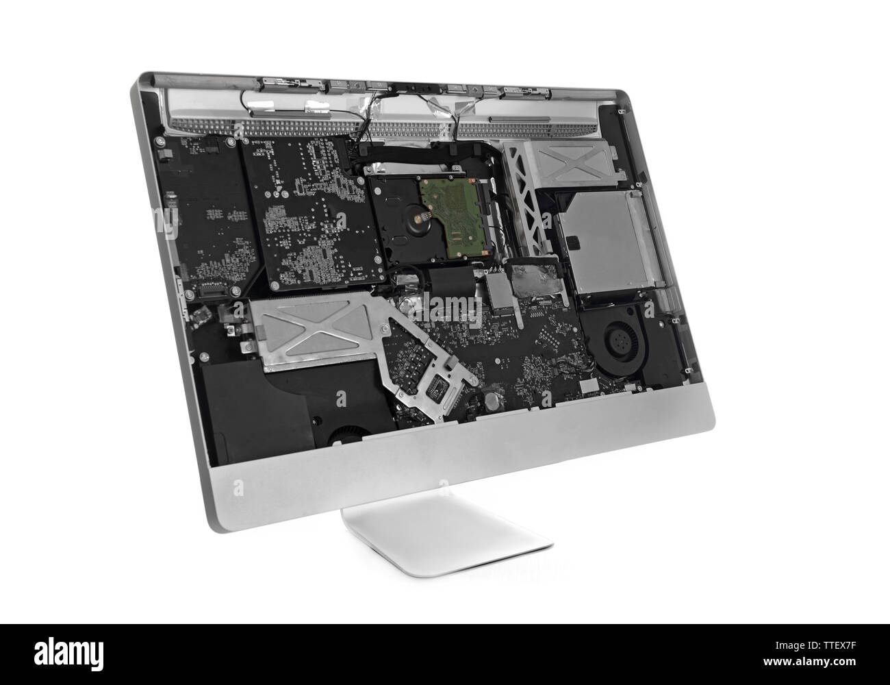 Disassembled computer monitor with internal components, isolated on