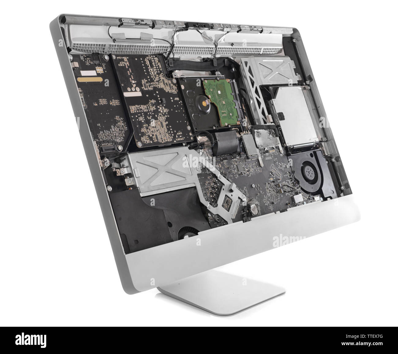 Disassembled computer monitor with internal components, isolated on