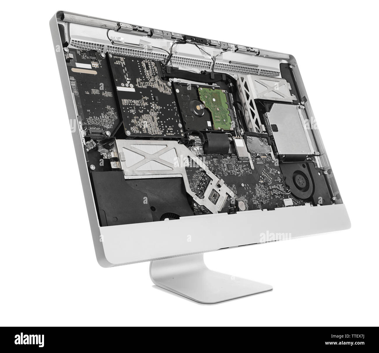 Disassembled computer monitor with internal components, isolated on