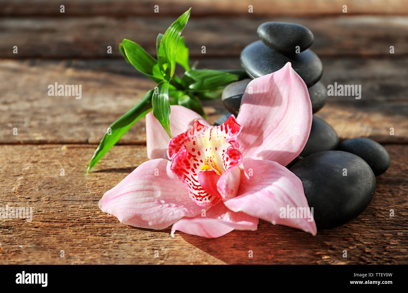 Spa stones with bamboo and pink orchid on wooden background Stock Photo ...