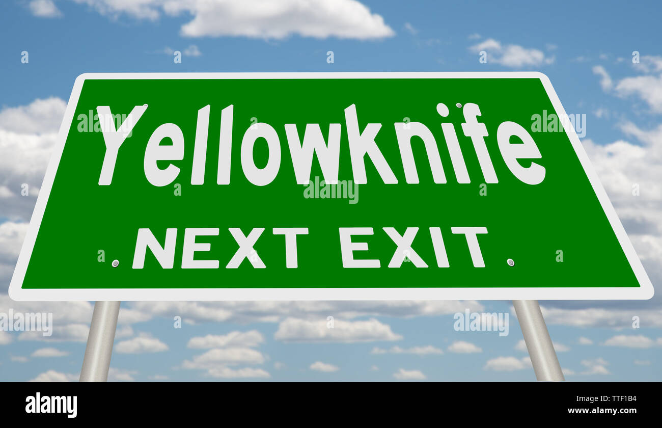 Rendering of a green highway sign for Yellowknife Stock Photo